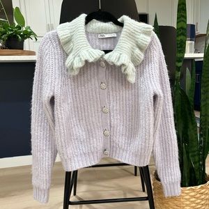 Zara Lavender Knit Cardigan with Mint Ruffle Collar
